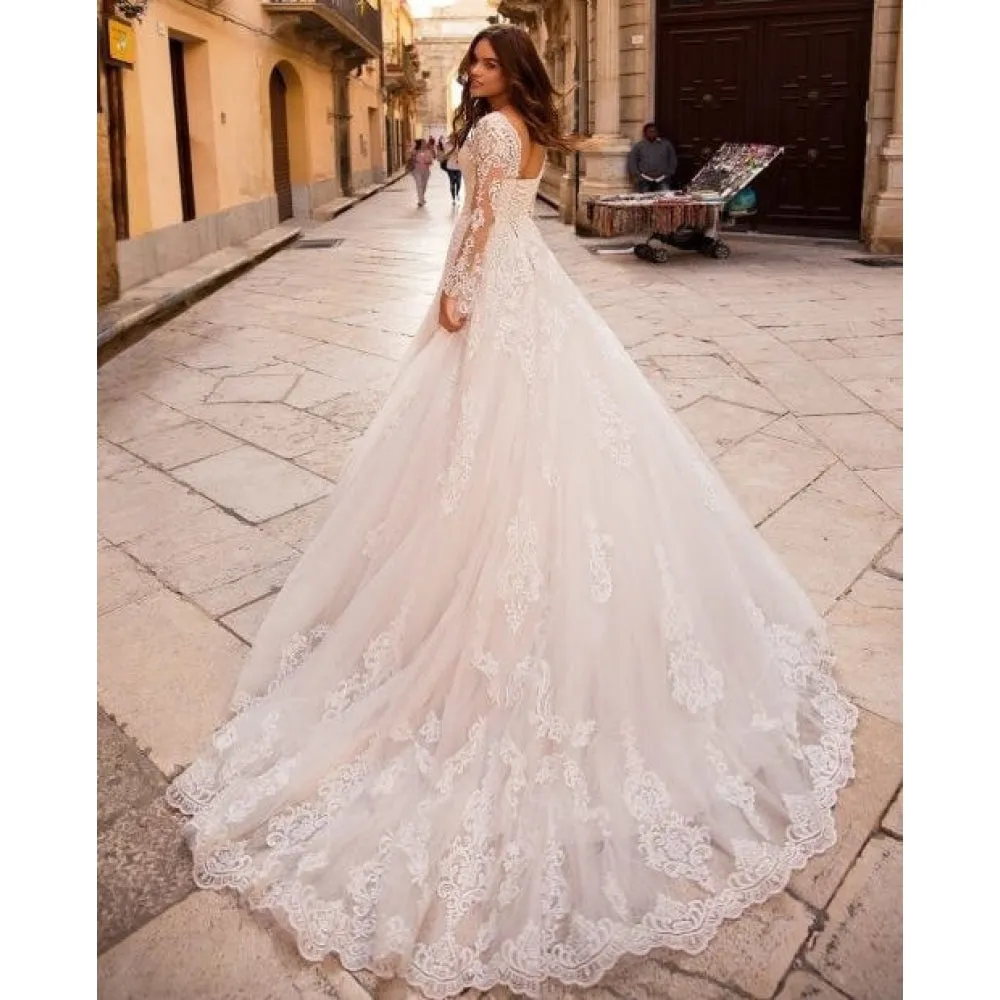 A-Line V-Neck Full Sleeves Lace Appliques Bridal Gowns with Chapel Train