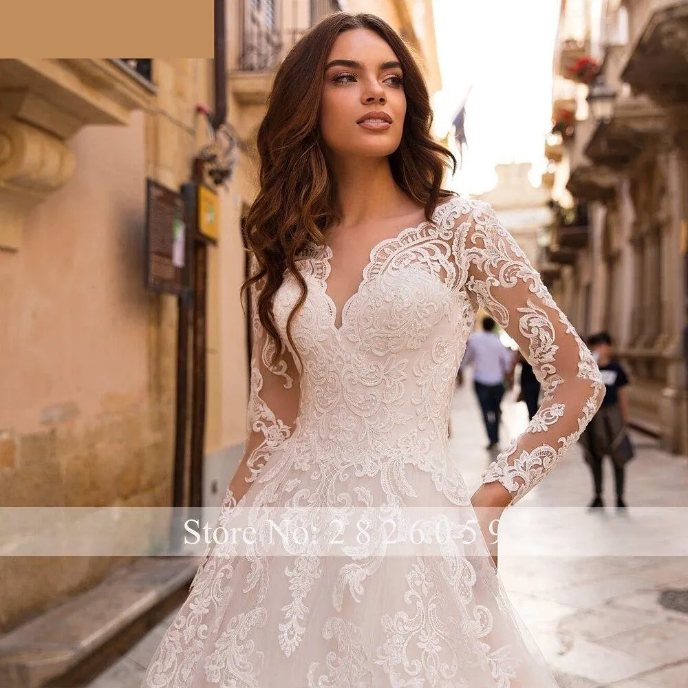 A-Line V-Neck Full Sleeves Lace Appliques Bridal Gowns with Chapel Train