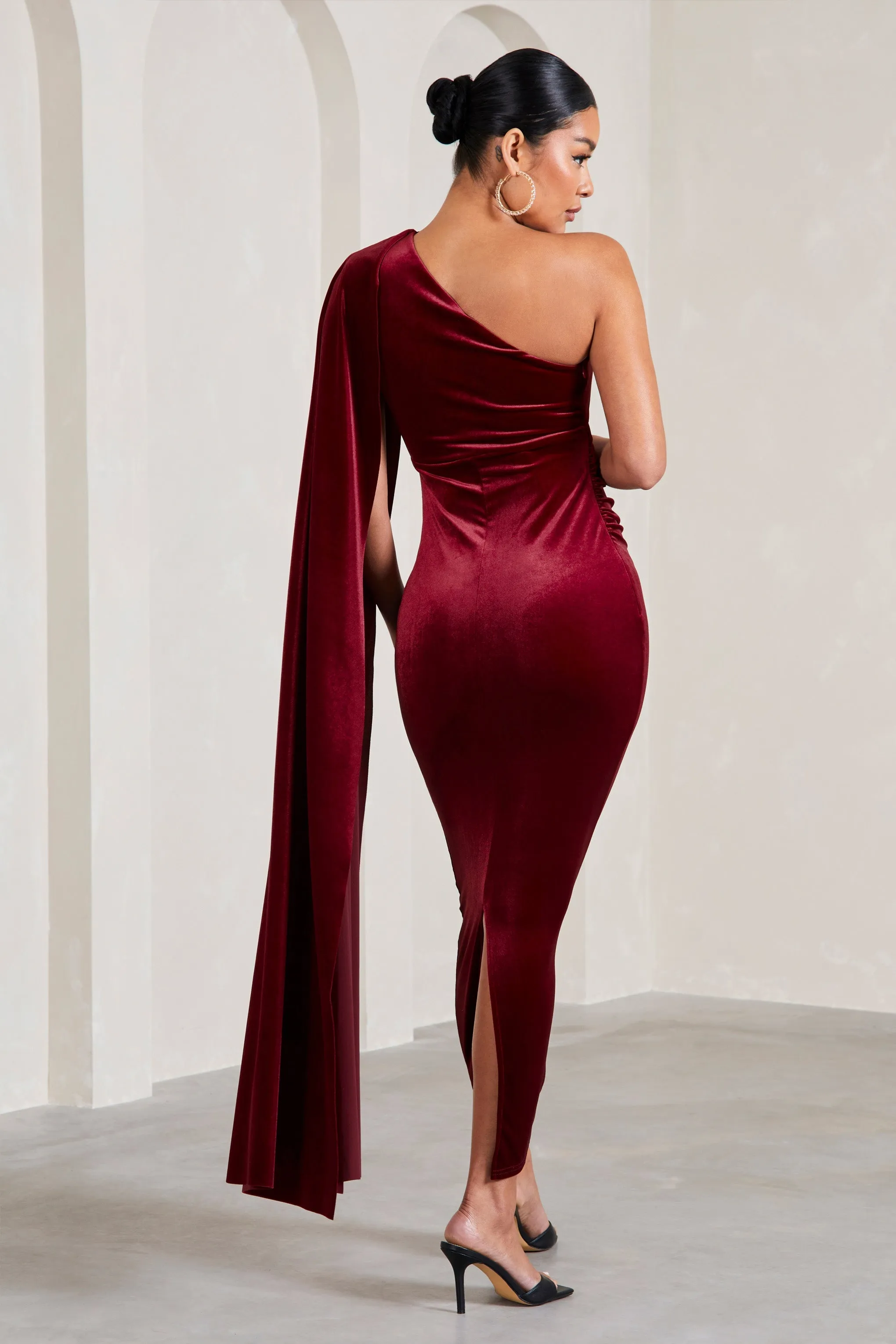 Amaryllis | Berry Velvet Maternity One Shoulder Maxi Dress with Cape Sleeve