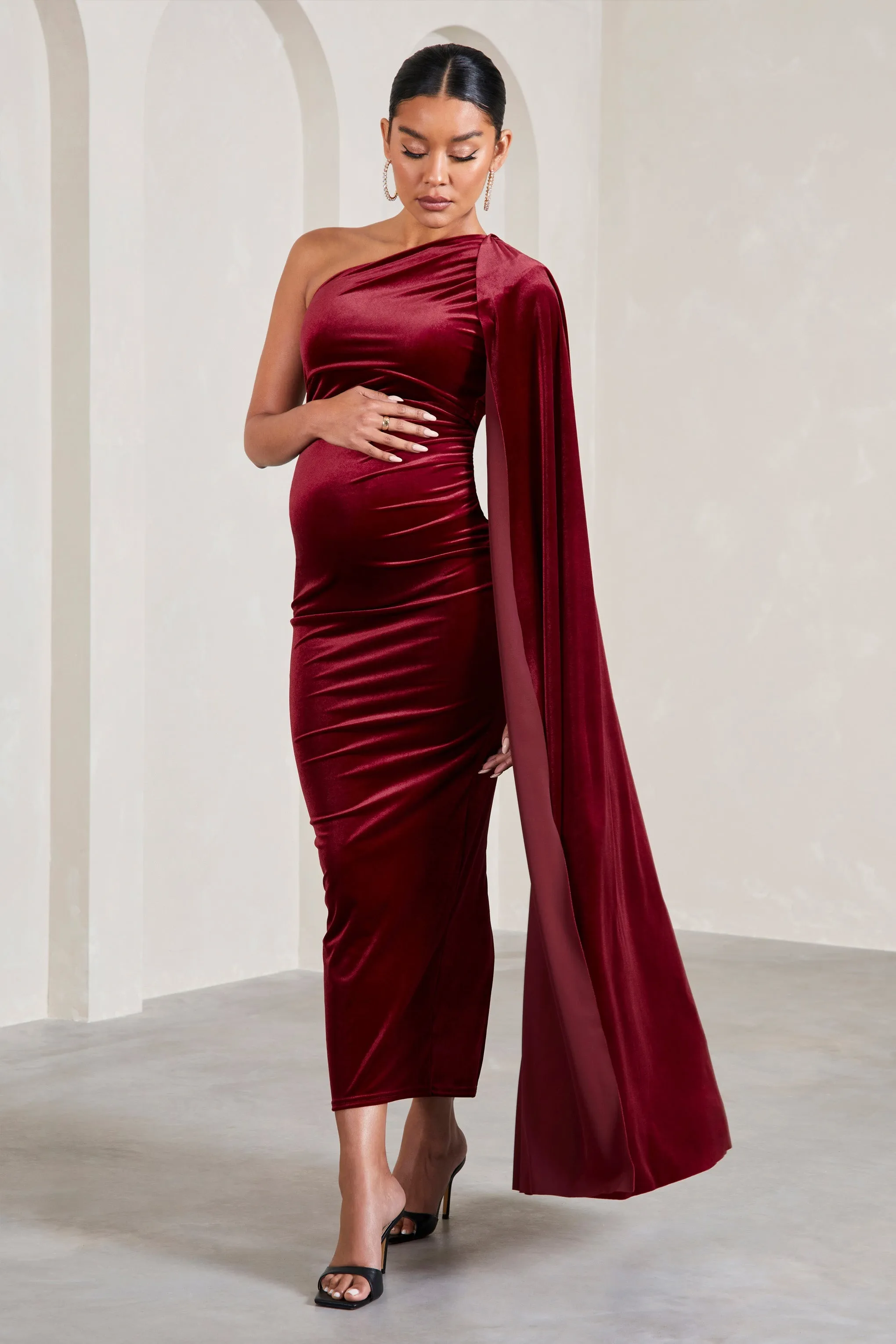 Amaryllis | Berry Velvet Maternity One Shoulder Maxi Dress with Cape Sleeve