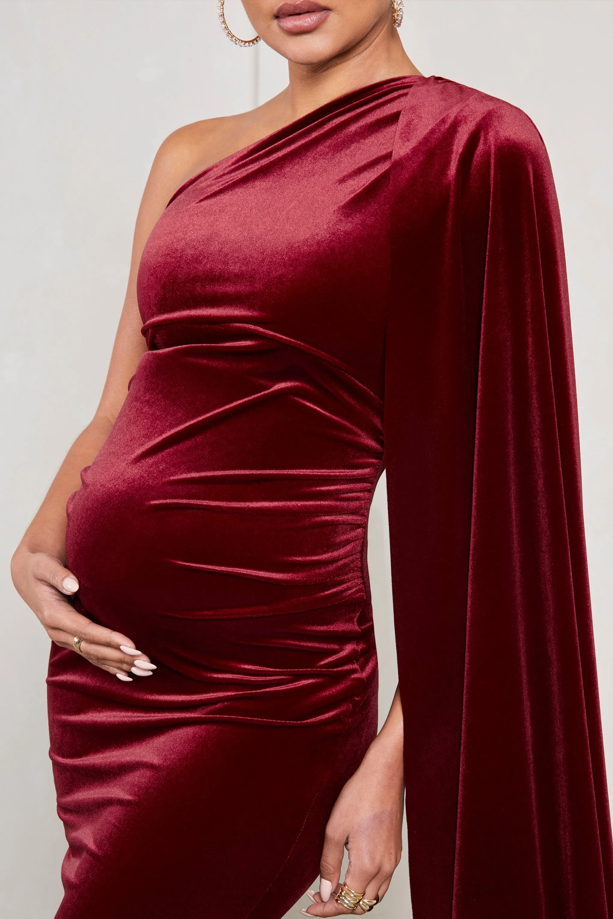 Amaryllis | Berry Velvet Maternity One Shoulder Maxi Dress with Cape Sleeve