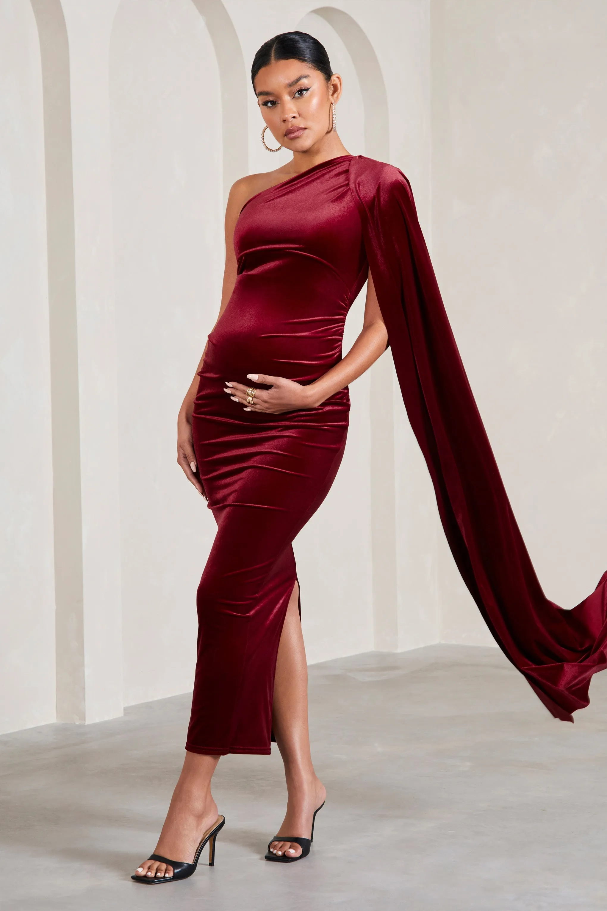 Amaryllis | Berry Velvet Maternity One Shoulder Maxi Dress with Cape Sleeve