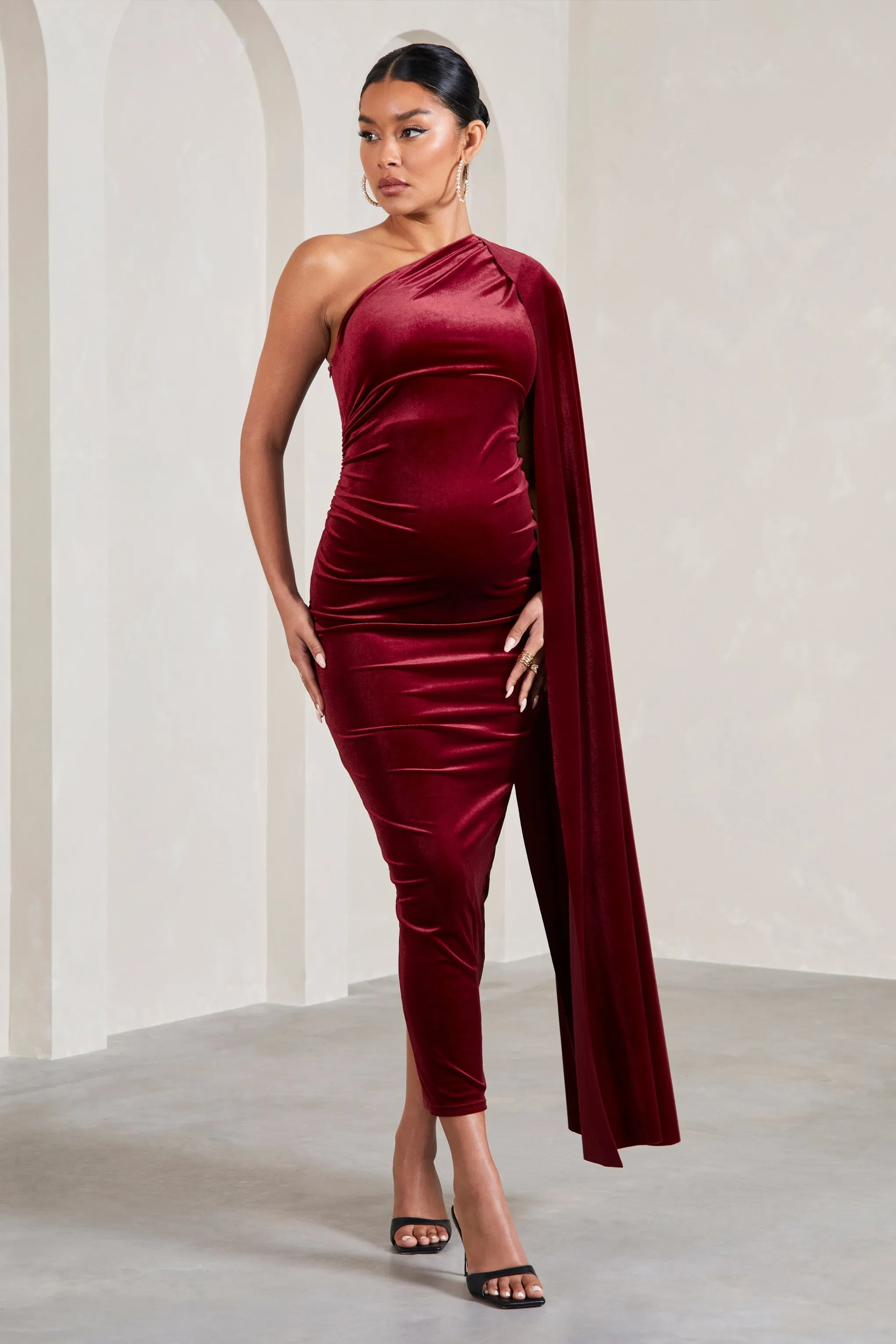 Amaryllis | Berry Velvet Maternity One Shoulder Maxi Dress with Cape Sleeve