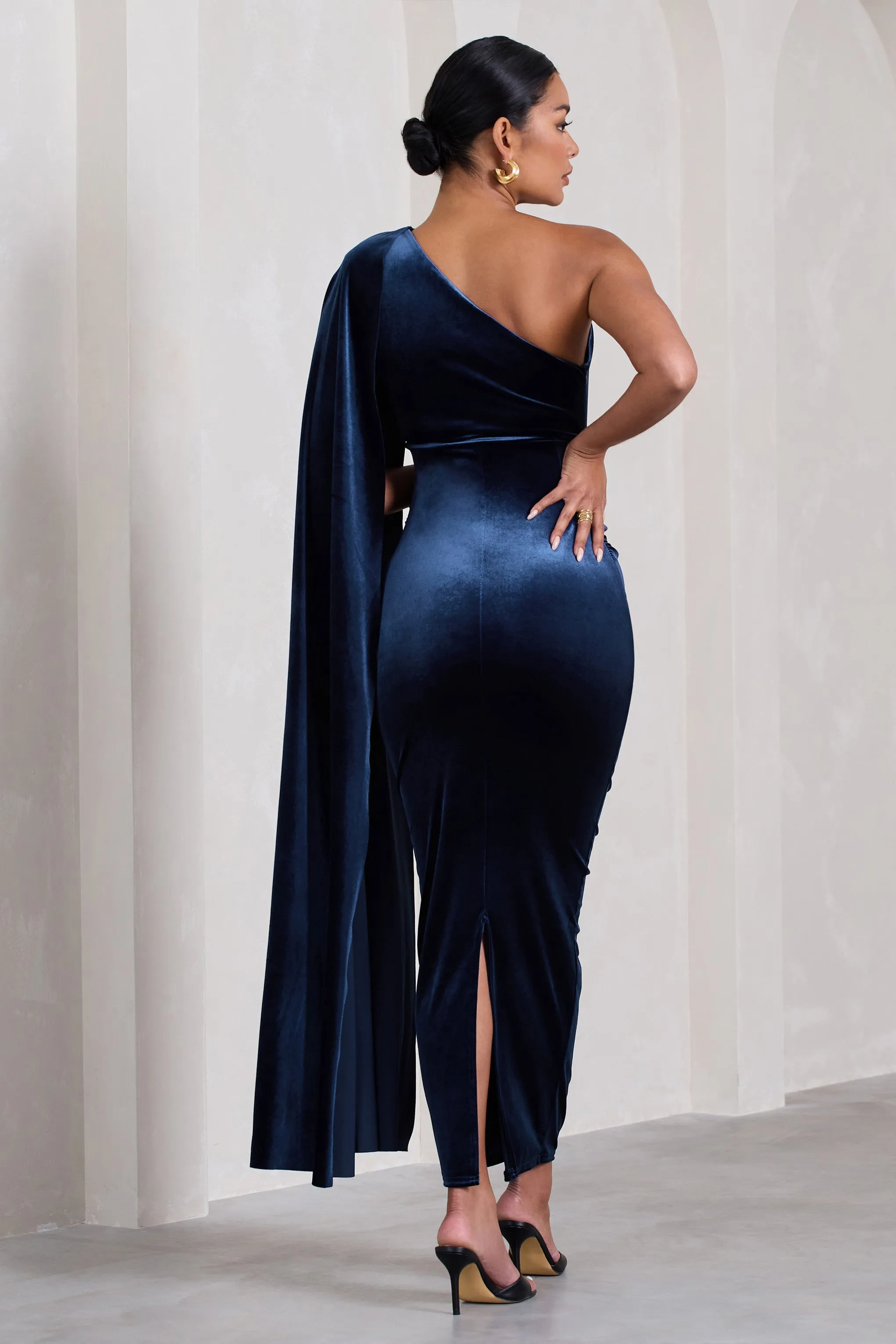 Amaryllis | Navy Velvet Maternity One Shoulder Maxi Dress with Cape Sleeve