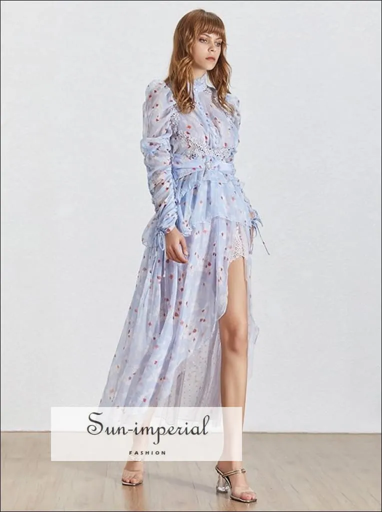 Angel Dress - Asymmetrical Lace Women Dress Stand Collar Long Sleeve Embroidery Print