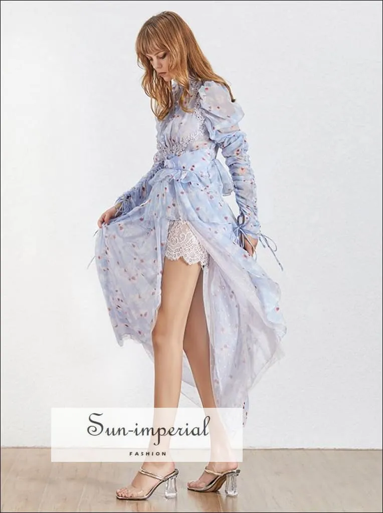 Angel Dress - Asymmetrical Lace Women Dress Stand Collar Long Sleeve Embroidery Print