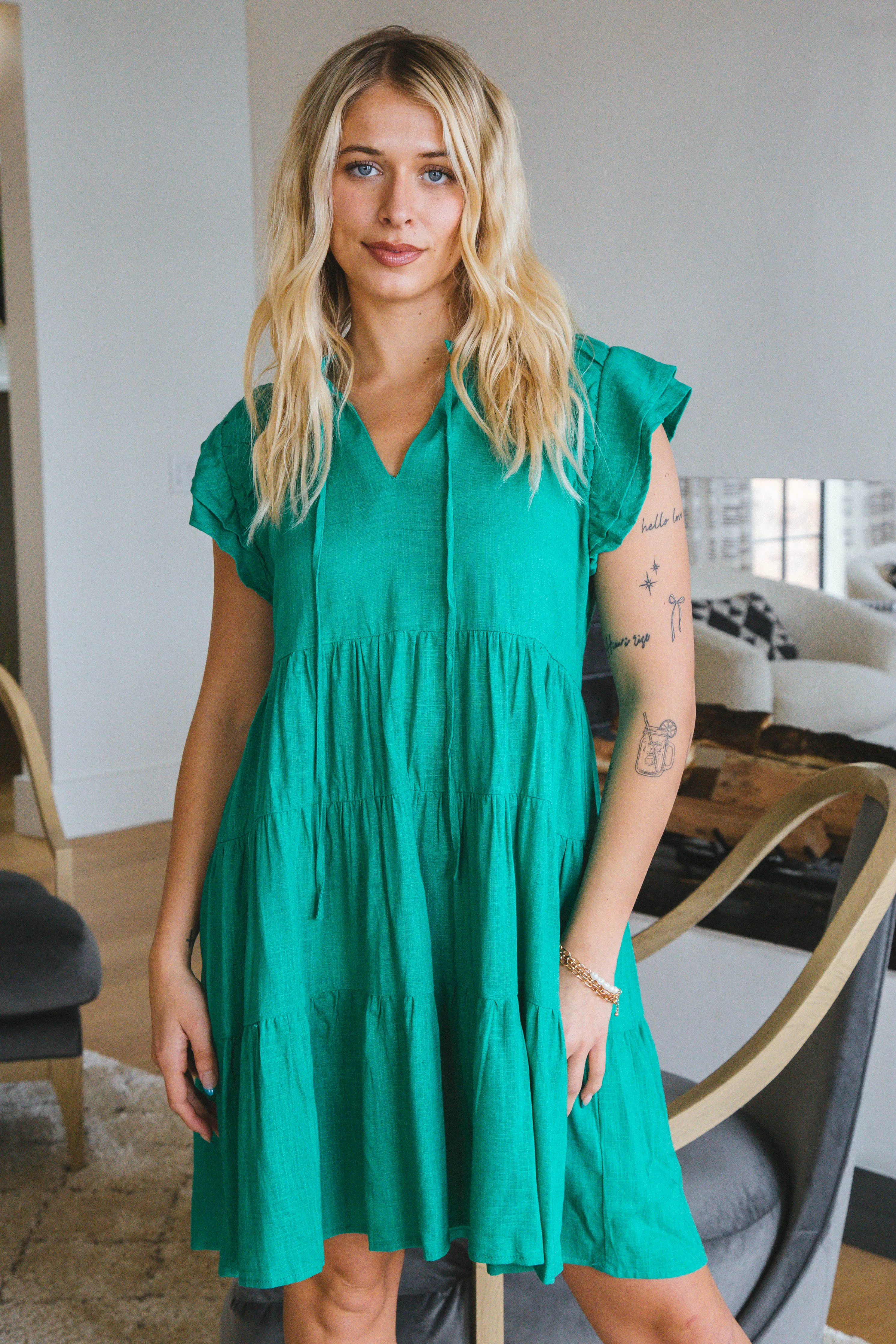 Angela Linen Tie Front Mini Dress, Emerald Green