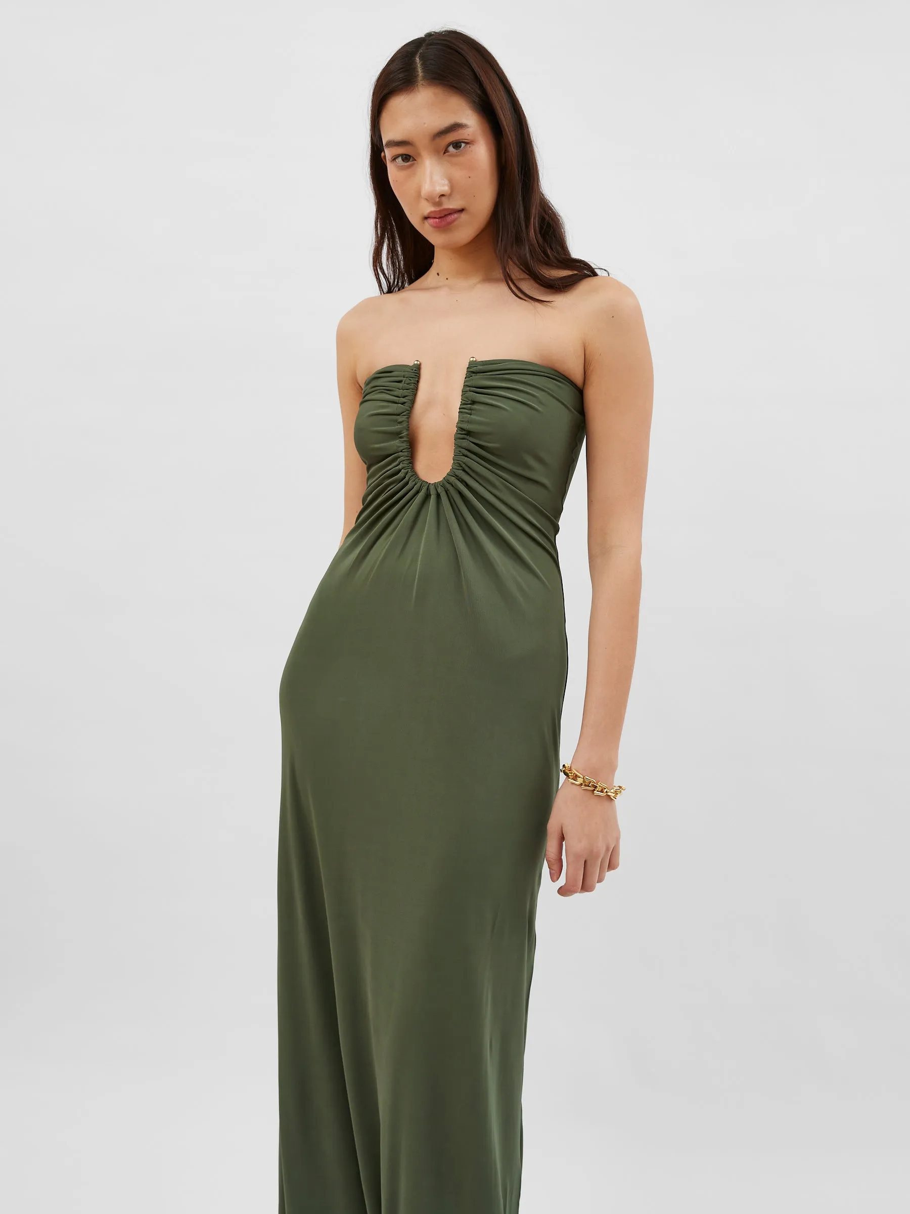 Arced Palm Strapless Dress