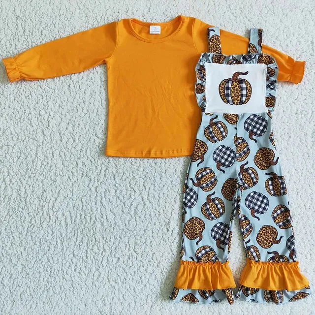 Autumn Pumpkin Overalls Outfit Western Leopard Kids