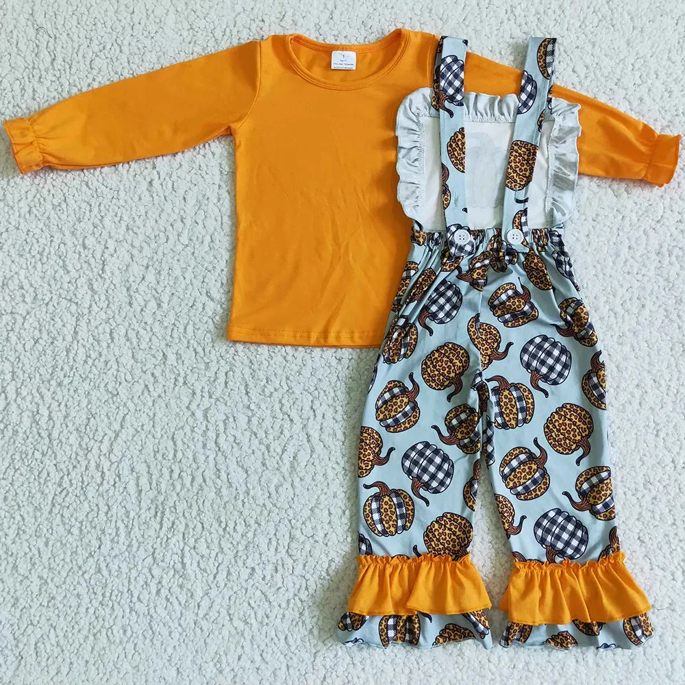 Autumn Pumpkin Overalls Outfit Western Leopard Kids