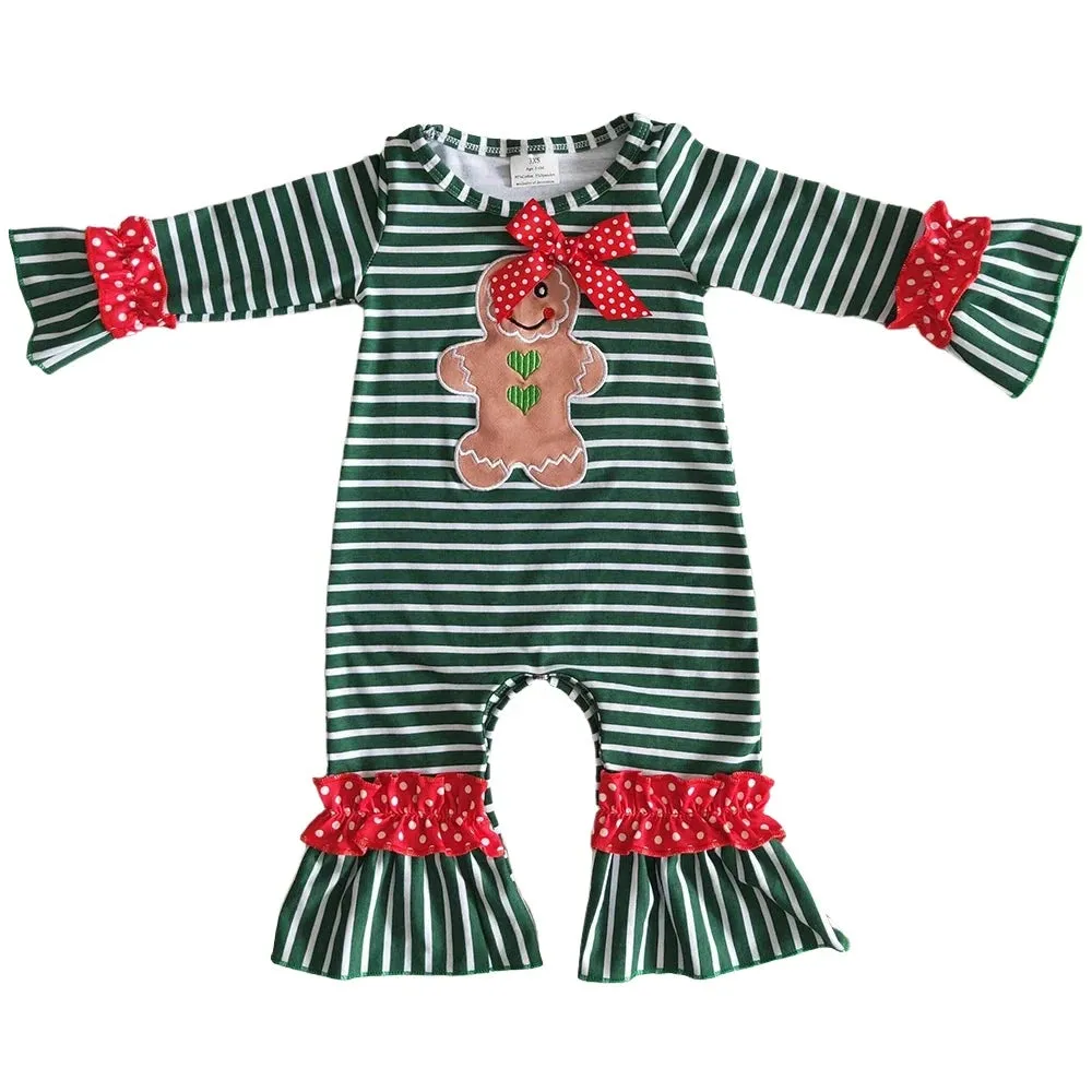 Baby Romper - Christmas - Gingerbread Green Stripe Girls