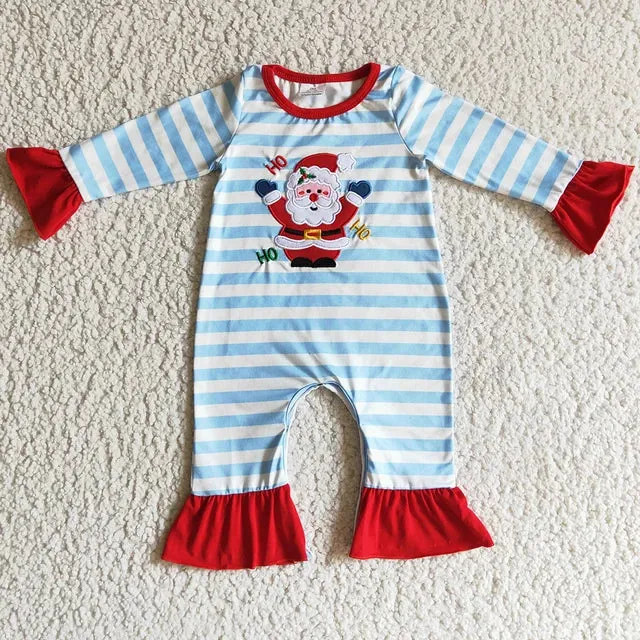 Baby Romper - Christmas - Santa Girls Blue Stripe Ruffle