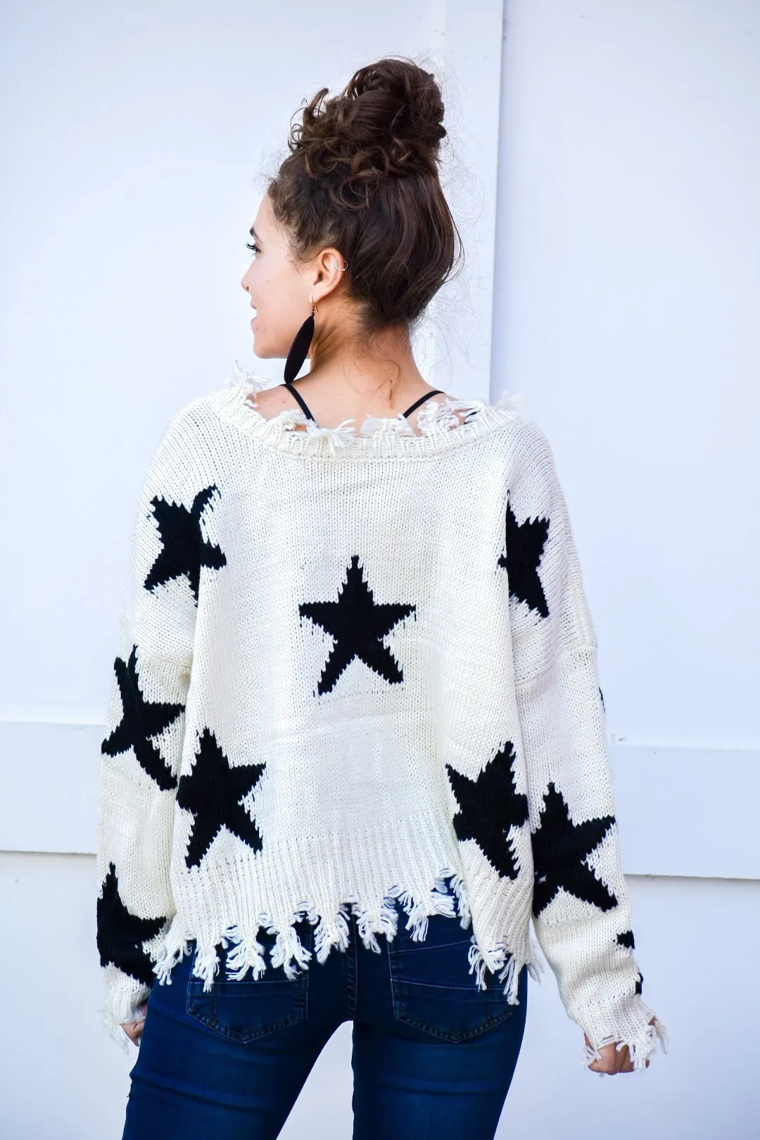 Behind Us Star Ivory Distressed Sweater