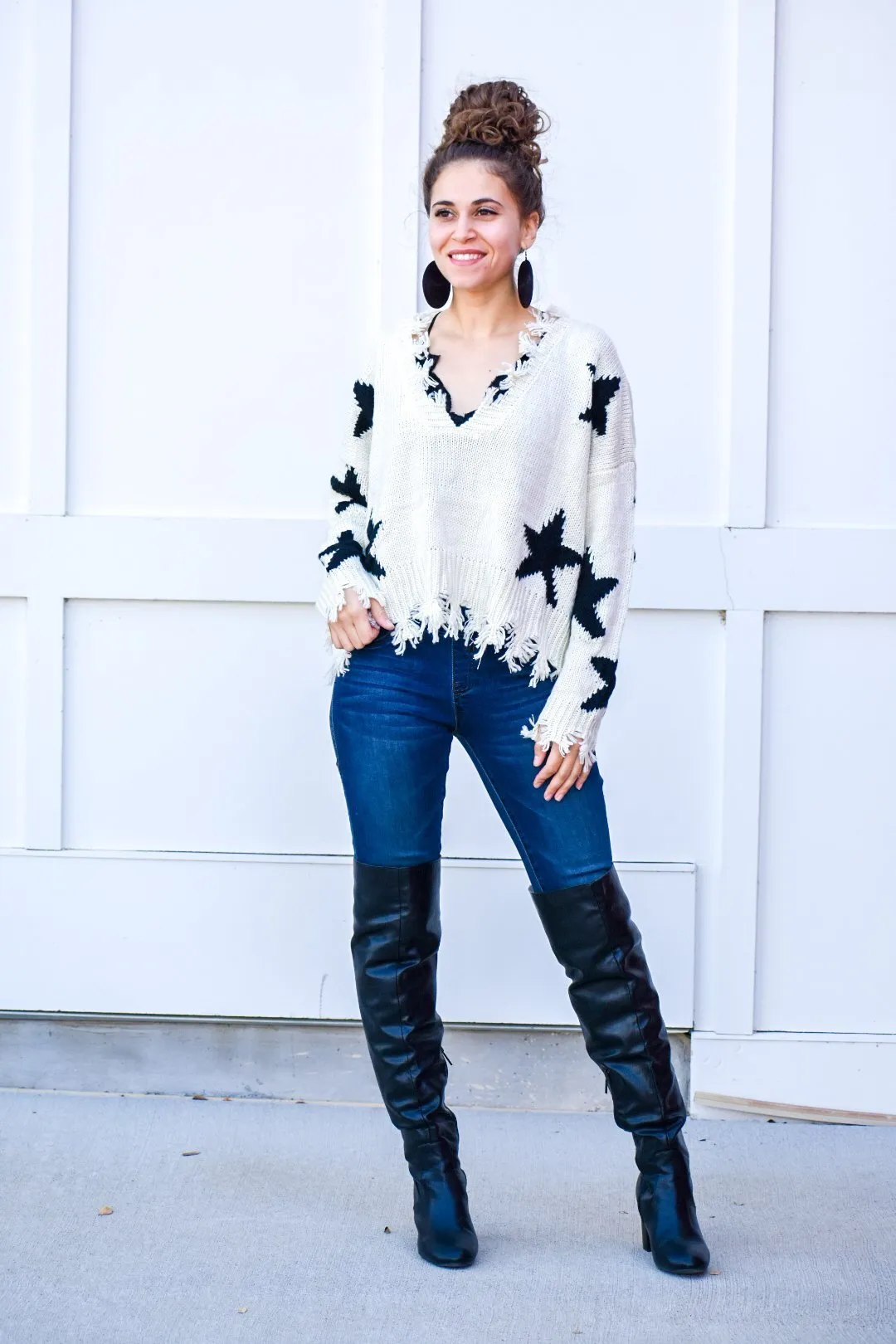 Behind Us Star Ivory Distressed Sweater