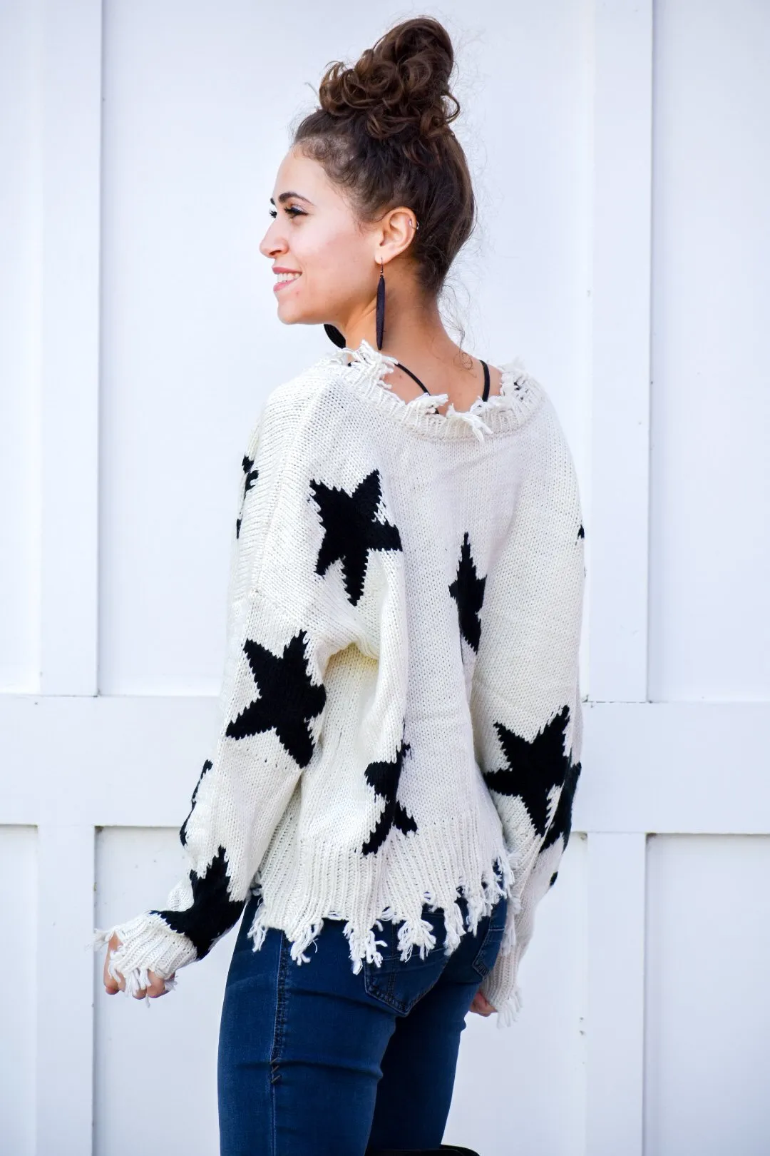 Behind Us Star Ivory Distressed Sweater