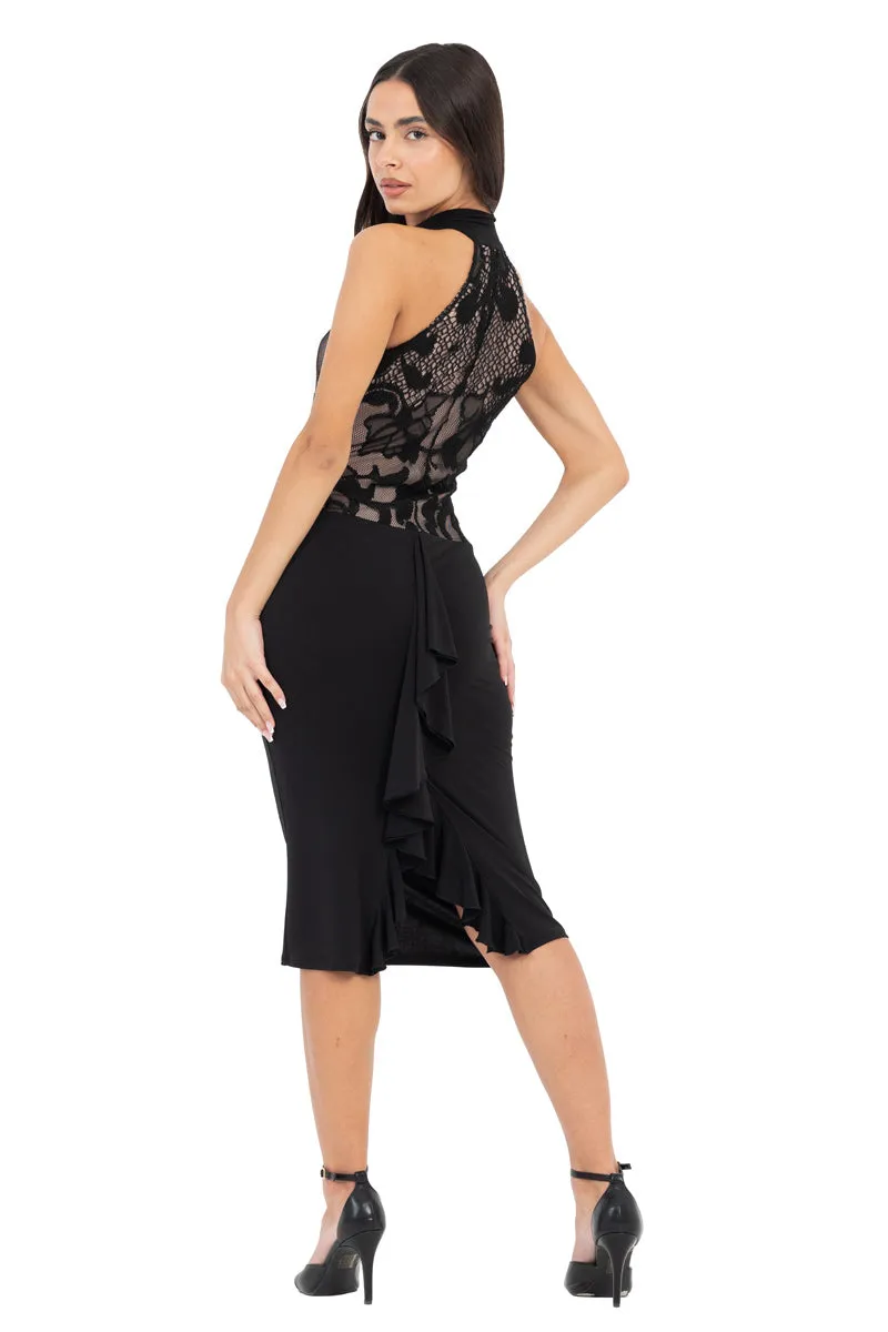 Black Front Key-Hole Bodycon Dress With Lace And Back Ruffles