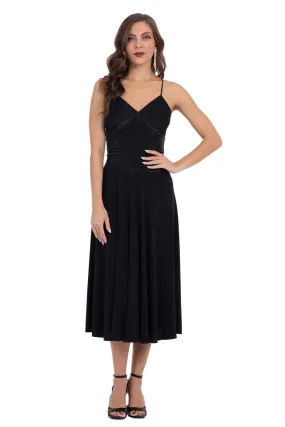 Black Lamé Fit & Flare Tango Dress With Spaghetti Straps