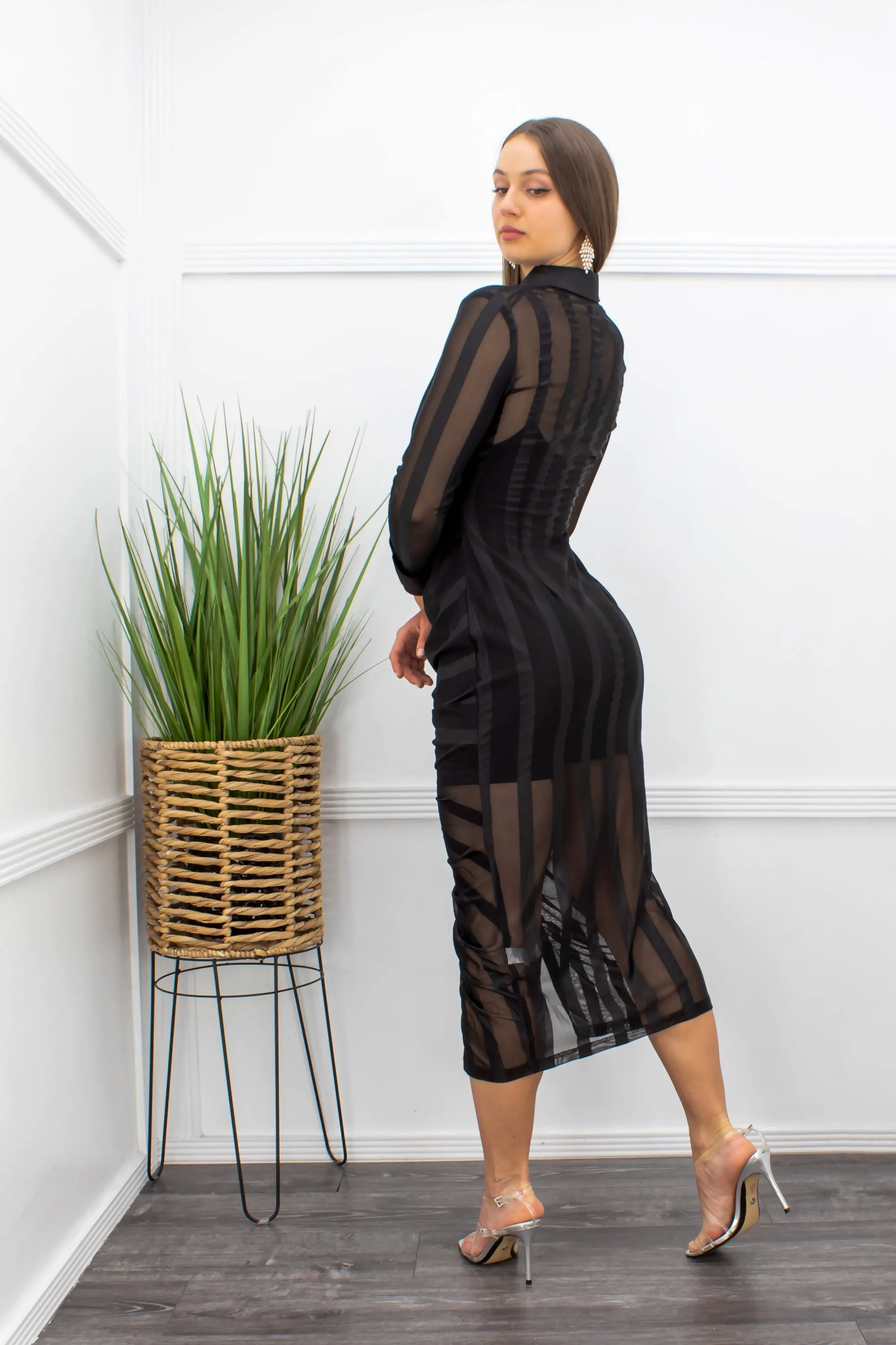 Black Long Sleeve See Thru Maxi Dress