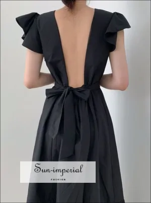 Black Lovers Dress - Vintage Backless White Midi Dress High Waist Short Sleeve with Ruffles Decor High