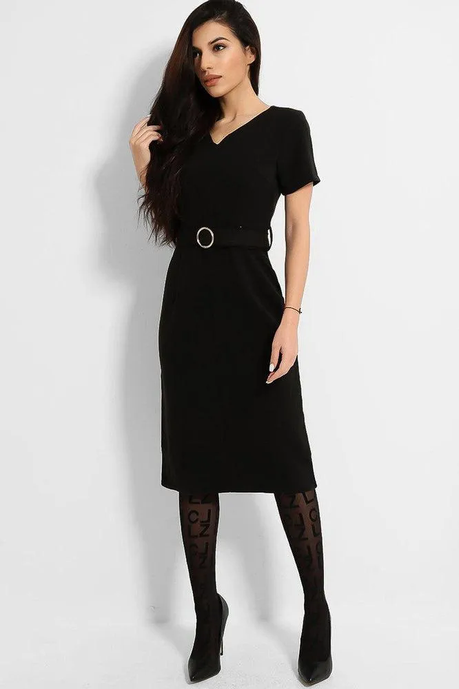 Black O-Ring Belt V-Neck Midi Dress