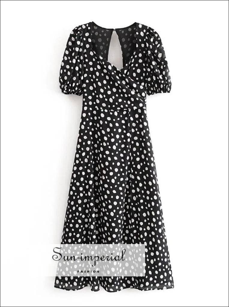 Black Vintage Short Sleeve Midi Dress Sweetheart Neckline side Split Polka Dot Print Keyhole Cut out