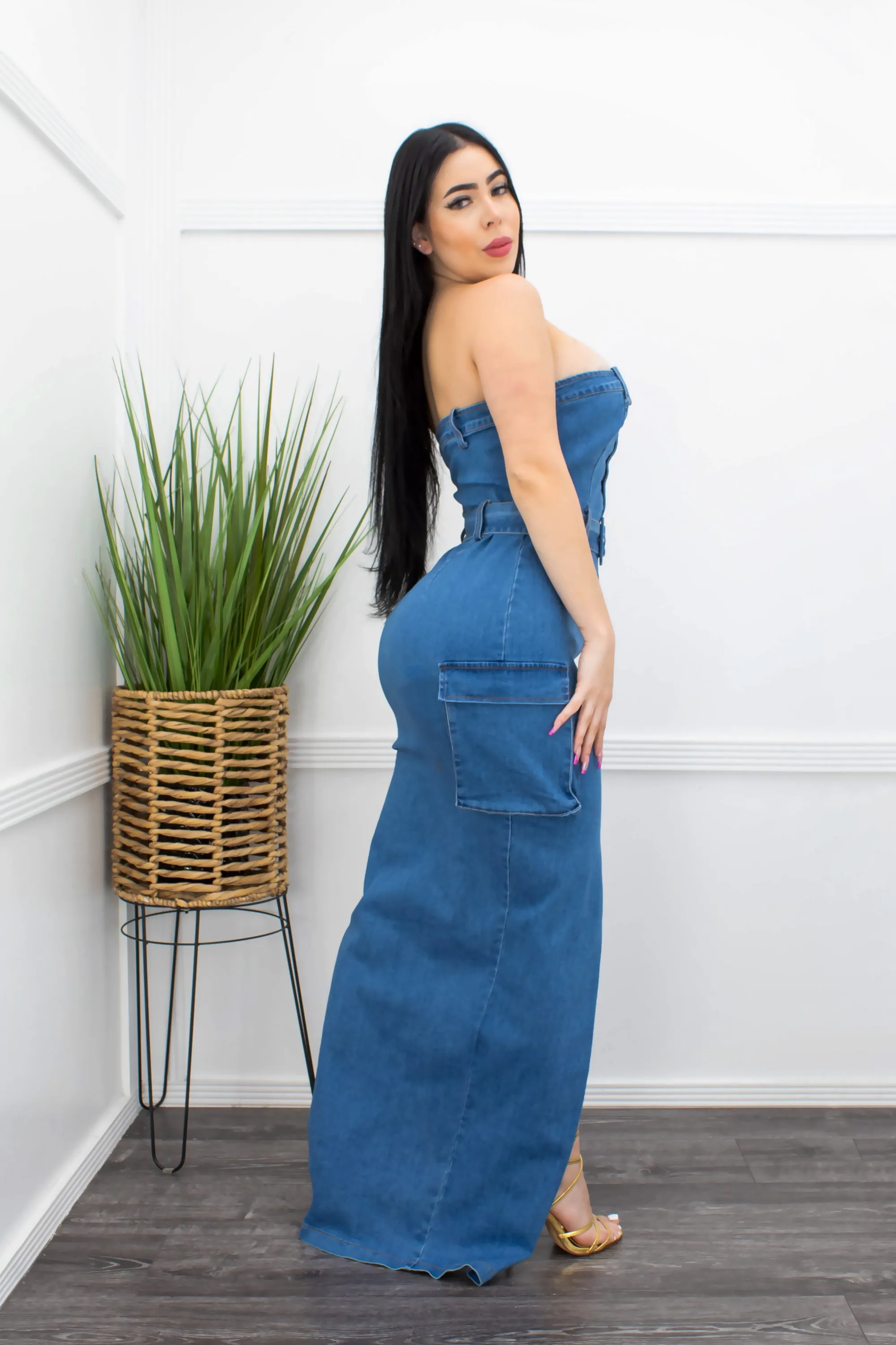 Blue Denim Slit Maxi Dress