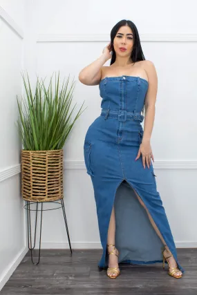 Blue Denim Slit Maxi Dress