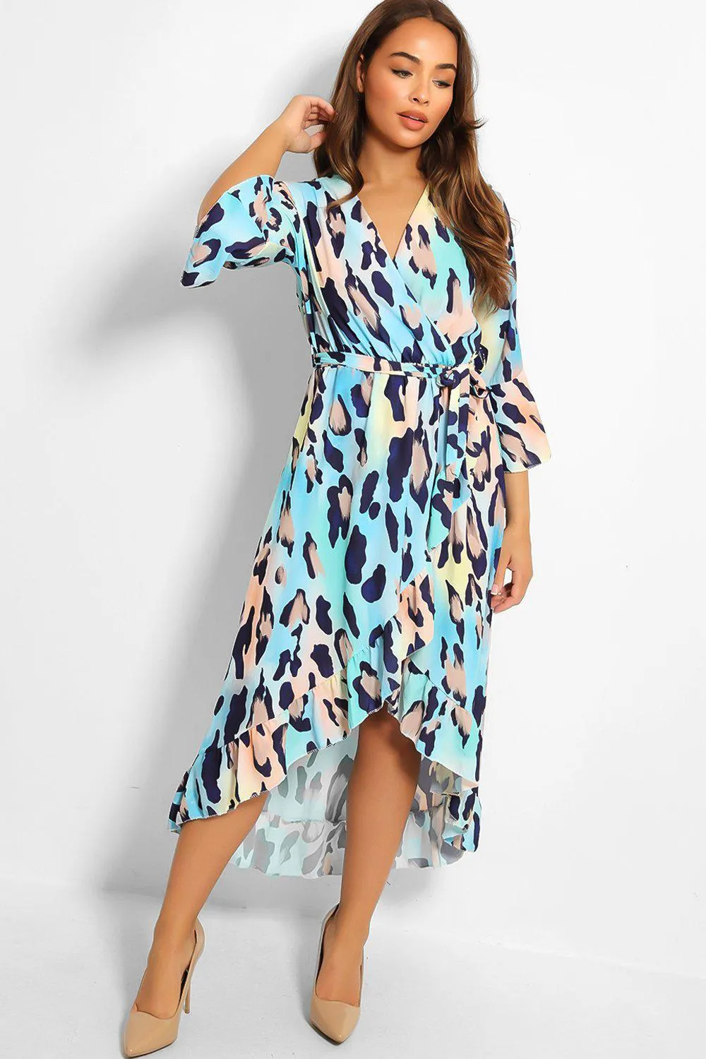 Blue Leopard Print Waist-Belt Wrap Front Dress