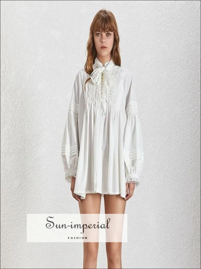 Camila Top- Solid White Embroidery Women Oversize Loose Blouse Stand Tie Collar Lantern Sleeve Pearl