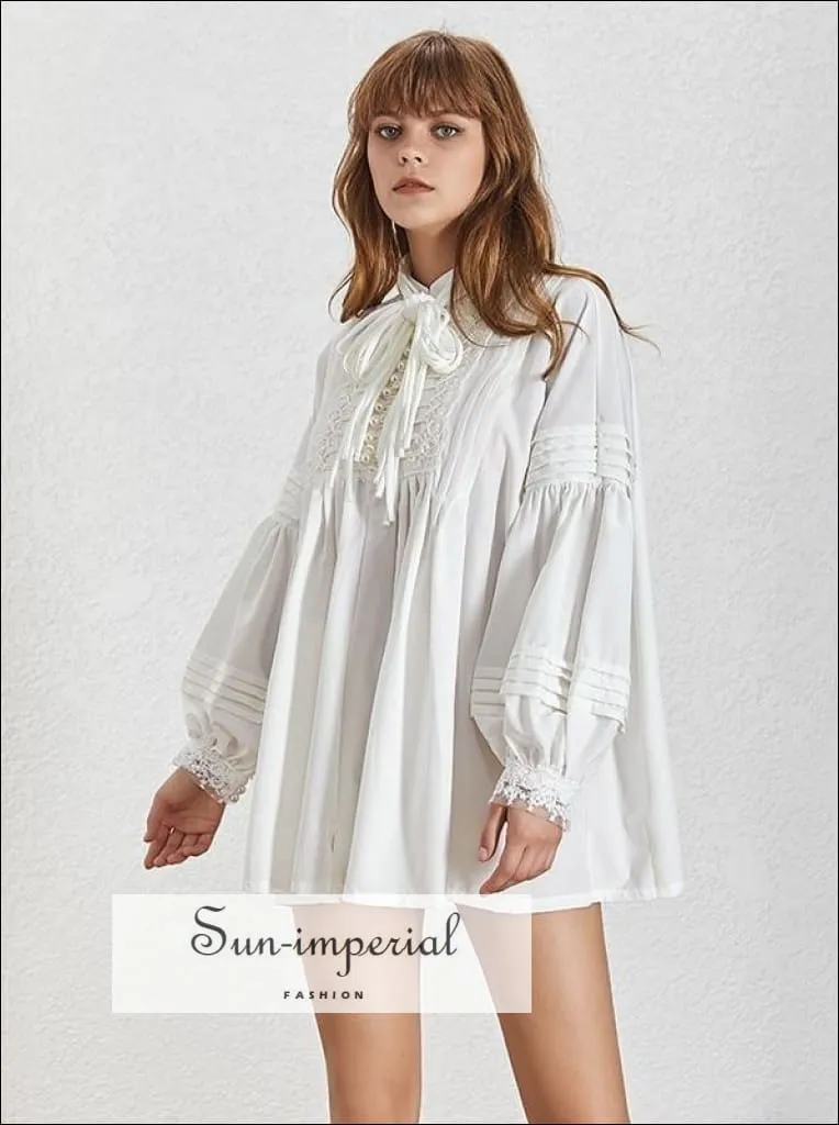 Camila Top- Solid White Embroidery Women Oversize Loose Blouse Stand Tie Collar Lantern Sleeve Pearl