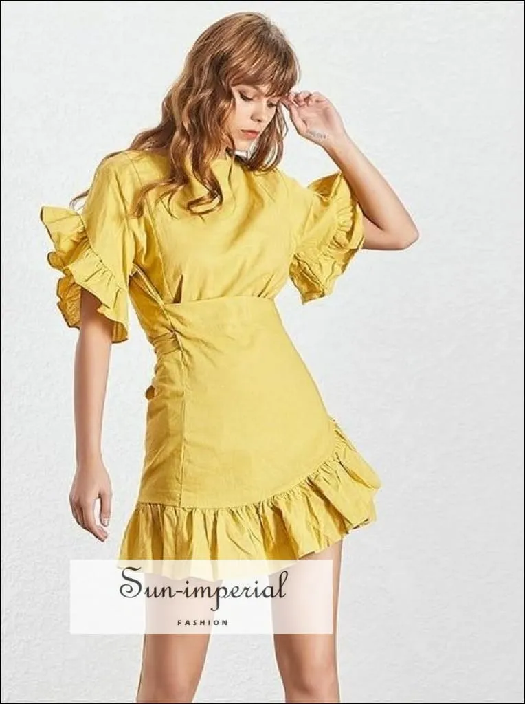 Clara Dress - Casual Ruffles Women Dress O Neck Short Sleeve High Waist Lace up Asymmetrical Mini