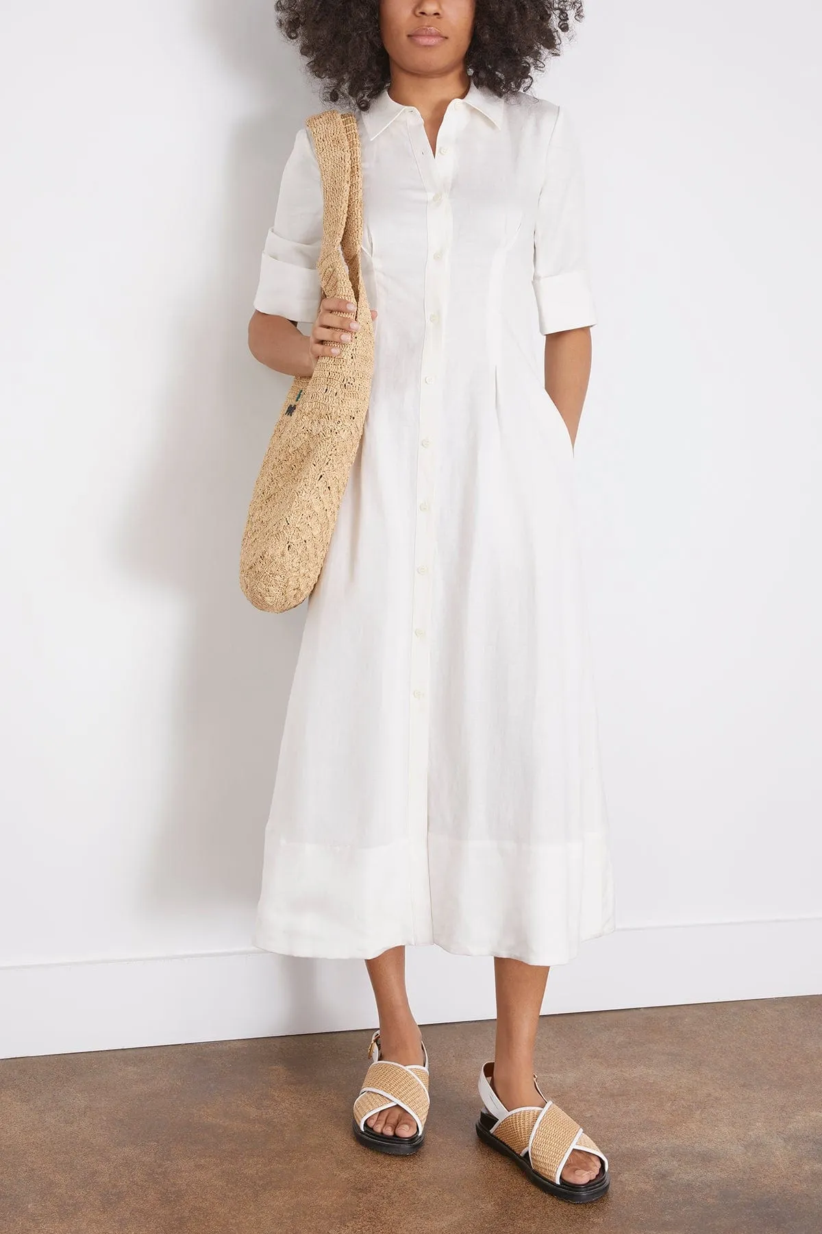 Claudine Short Sleeve Shirt Midi Dress in White