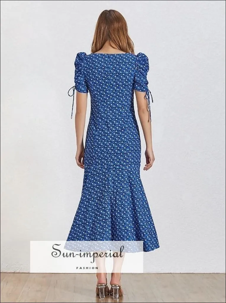 Colette Dress- Blue Vintage Floral Print Midi Dress V Neck Puff Short Sleeve High Waist Ruched Midi