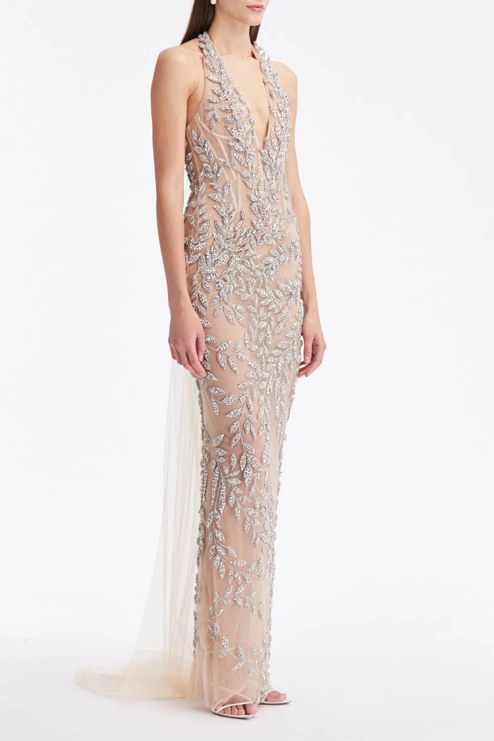 Crystal Leaves Embroidered Column Gown