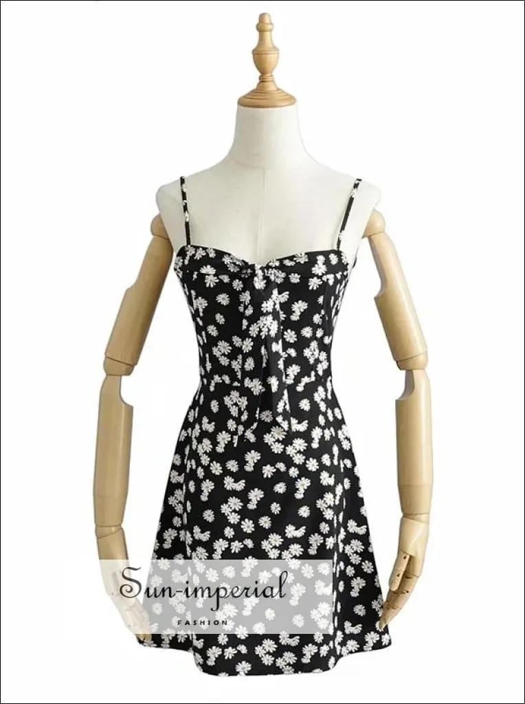 daisy print, florl print, flower printBlack Floral Cami Mini Derss Sweetheart Neckline Tie front Daisy Print Mini Dress