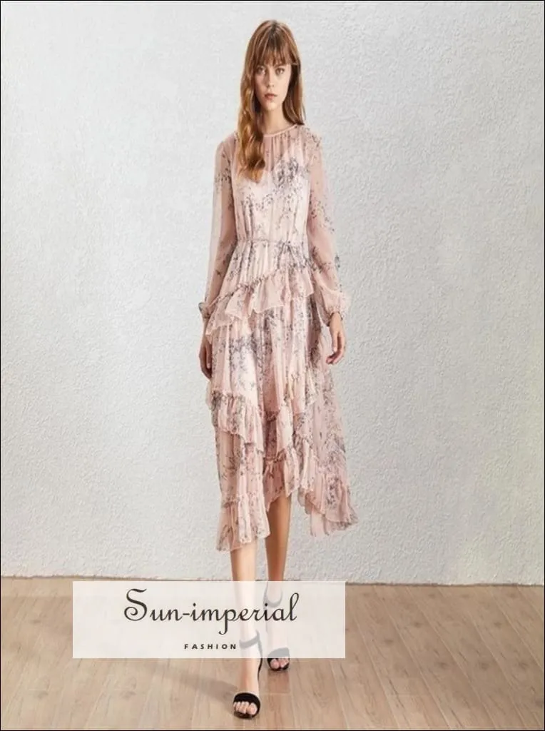 Dana Dress - Vintage Floral Asymmetrical O Neck Midi Sheer Ruffle Long Sleeve Dress