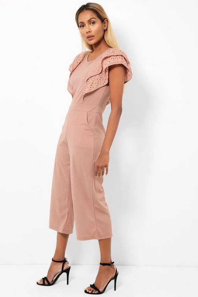 Dusty Pink Double Wing Sleeves Cropped Wide Leg Jumpsuit