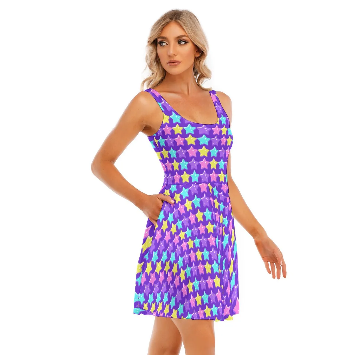 Electric Star Wave Indigo Purple Skater Dress With Pockets