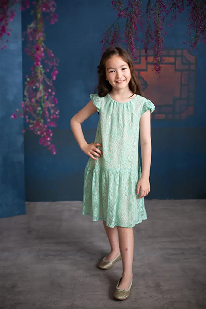 Emelie Lace Dress - Teal on Cream