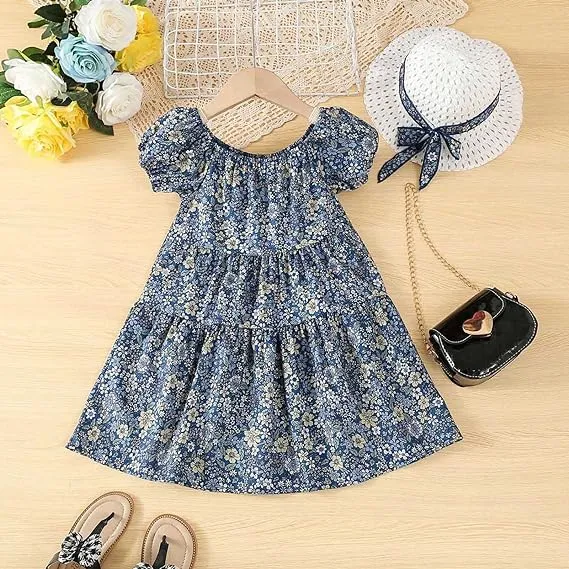 Floral Print Dress Princess Dress with Hat 7-8Y X4455666