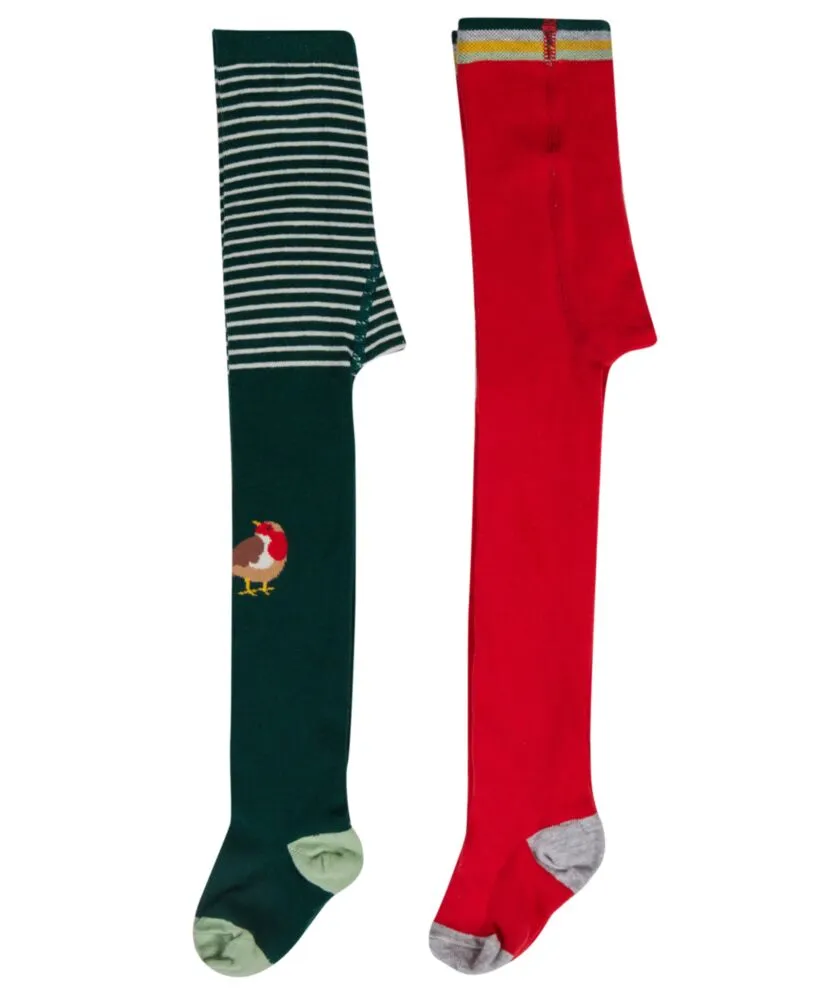 Frugi Fir Tree Robin/True Red Norah Tights- 2 Pack