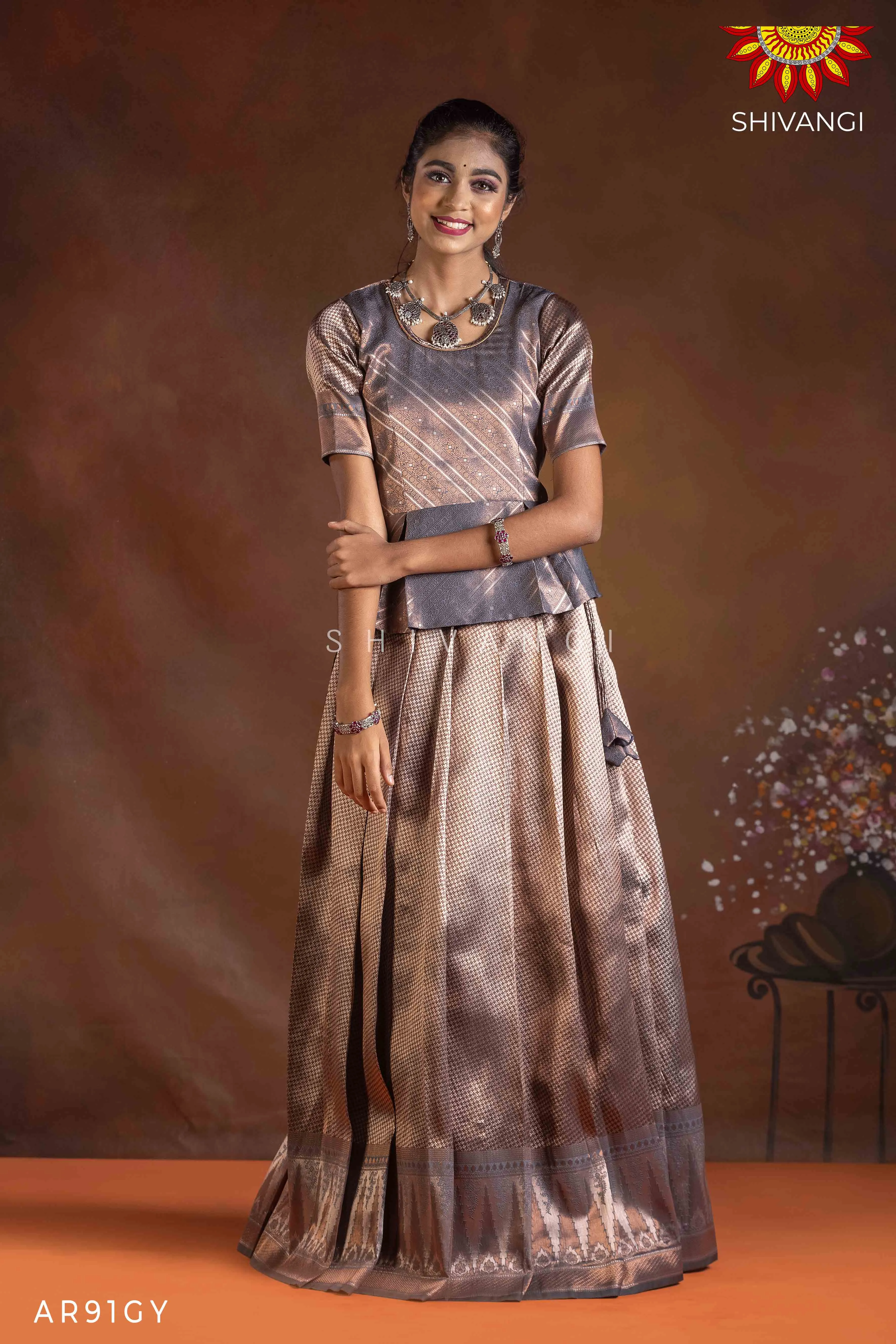 Girls Grey Silver Fire Pattu Pavadai | Langa