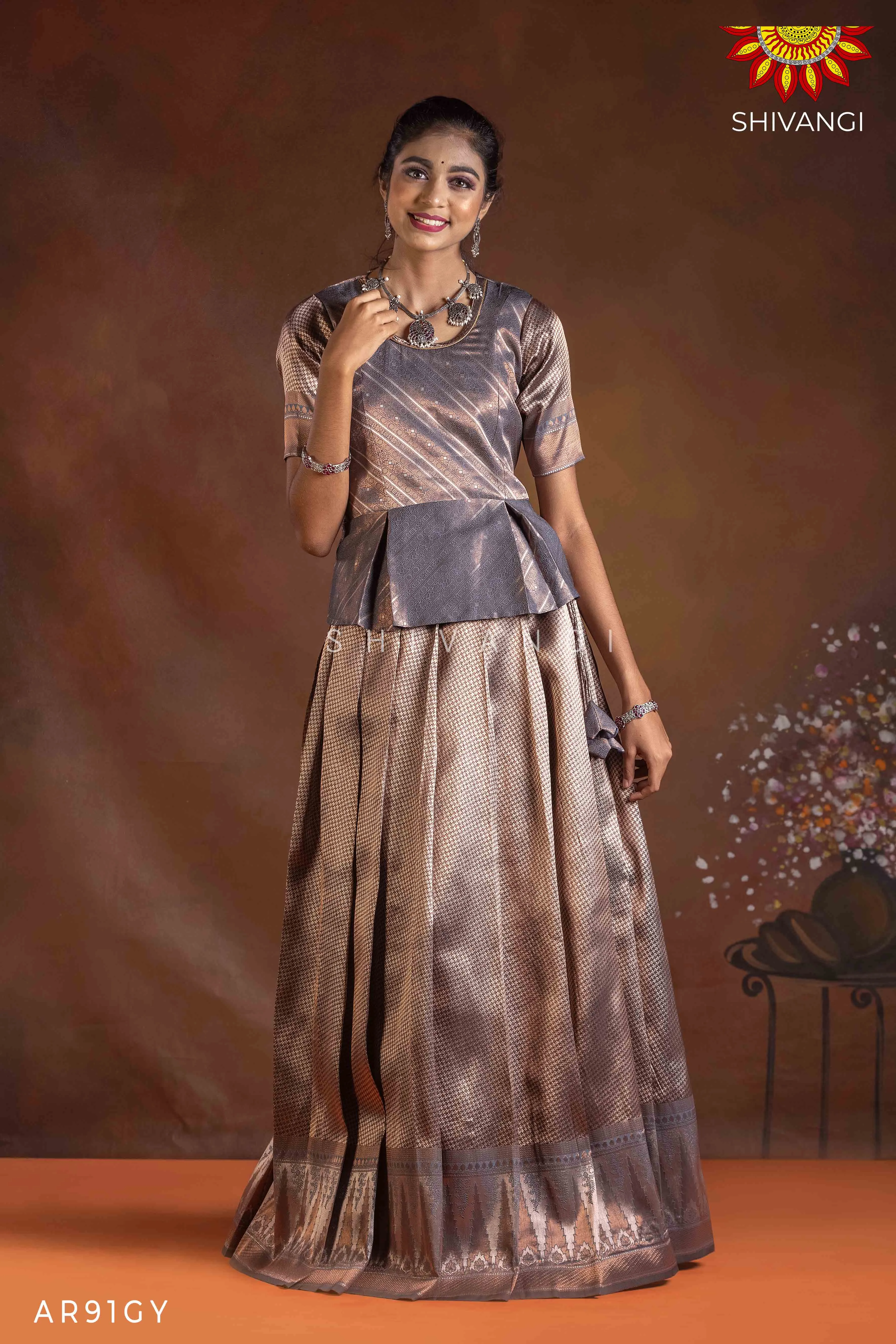 Girls Grey Silver Fire Pattu Pavadai | Langa