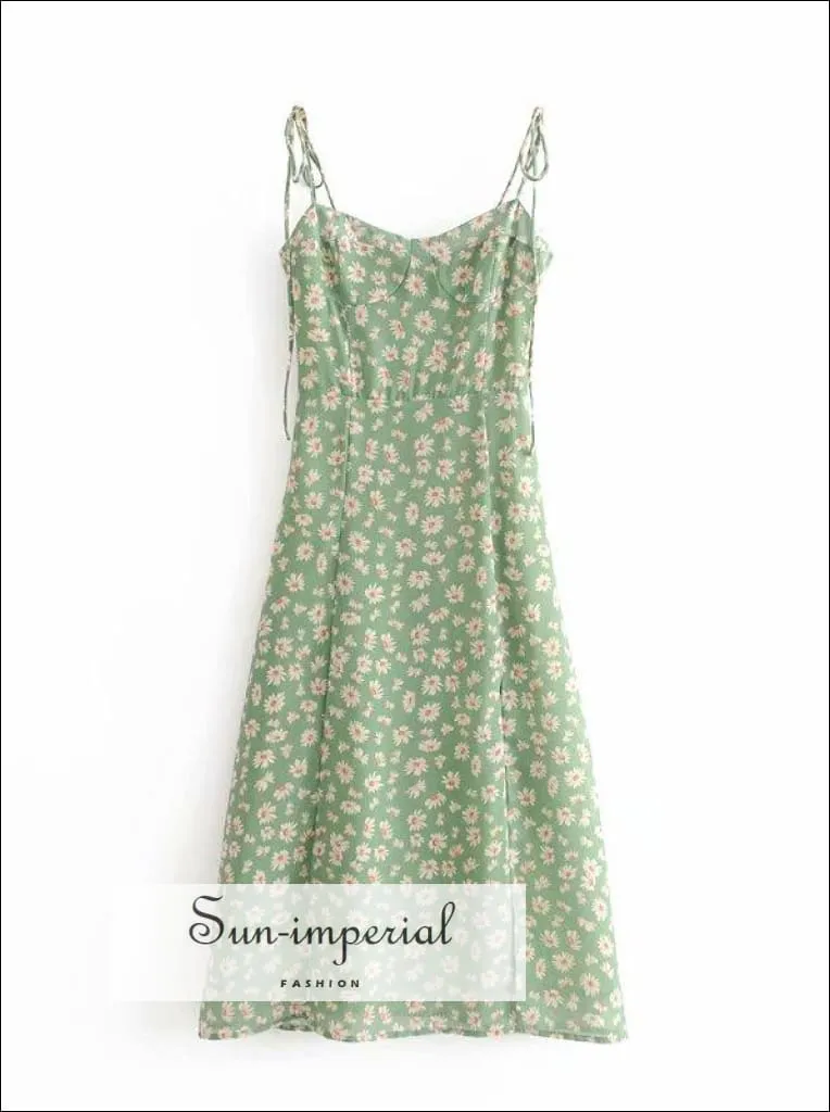 Green Floral Tie Strap Split front Corset Style Midi Dress