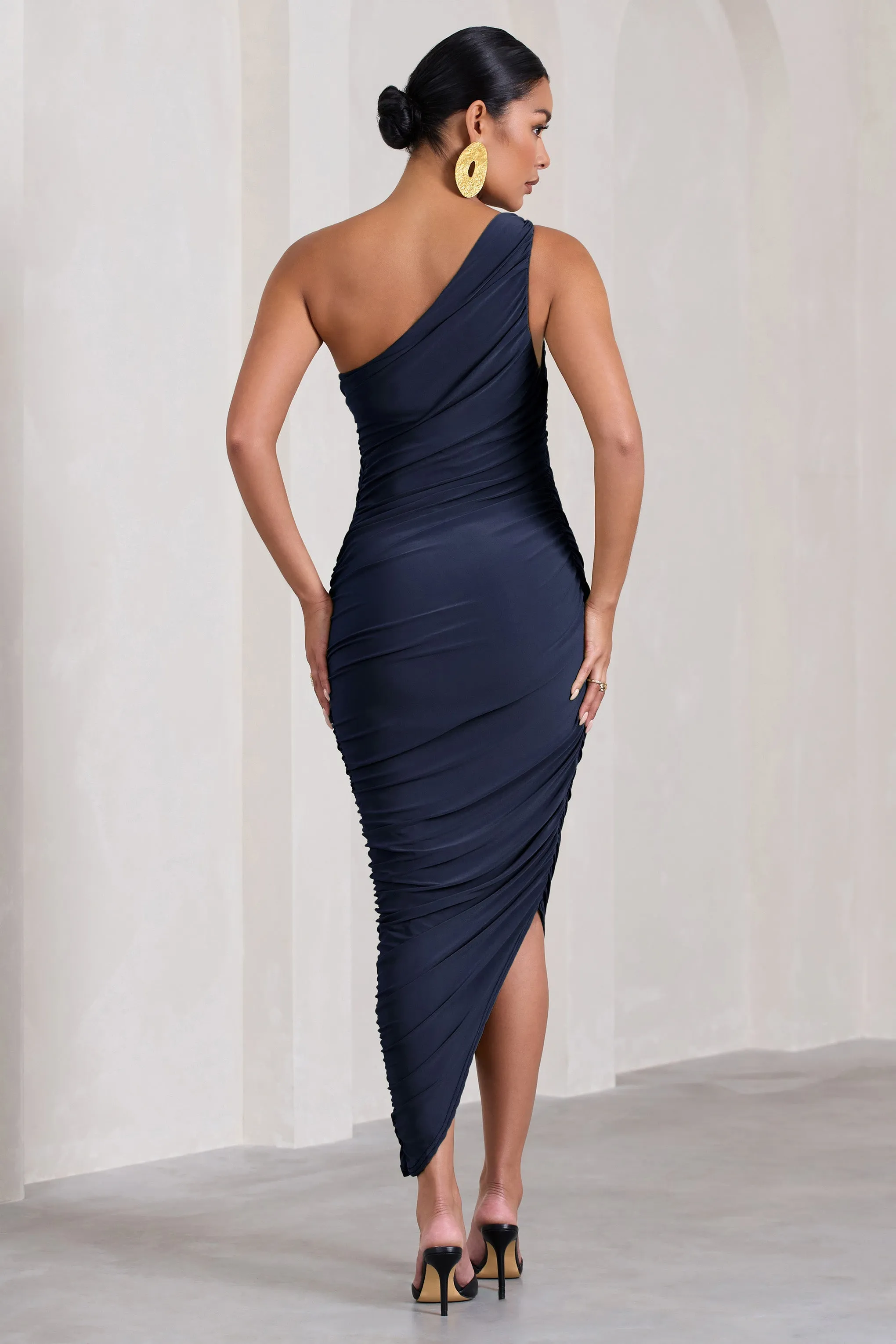 Late Night | Navy Maternity Ruched One Shoulder Midi Dress