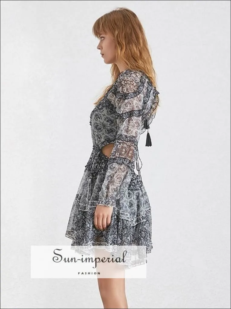 Lille Dress- Vintage Backless Floral Print Dress Three Quarter Sleeve High Waist Ruffles Mini Dress