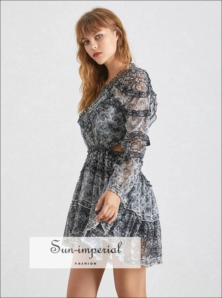 Lille Dress- Vintage Backless Floral Print Dress Three Quarter Sleeve High Waist Ruffles Mini Dress