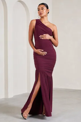 Make My Day | Burgundy One-Shoulder Ruched Split Maternity Maxi Dress