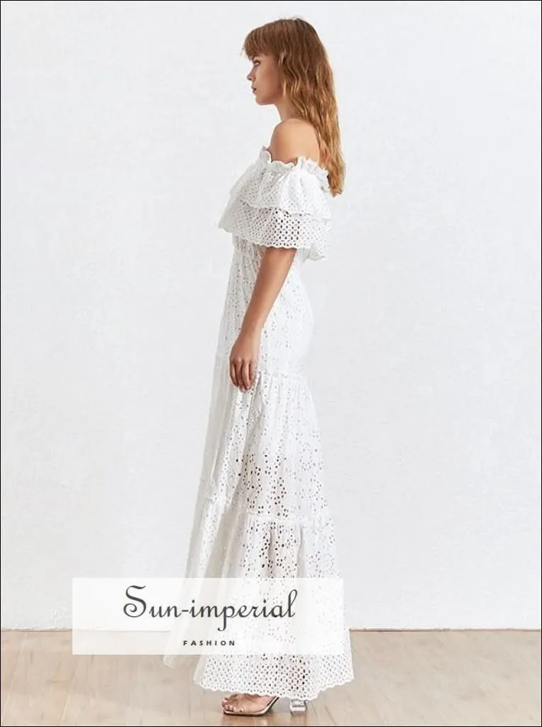 Margaret Dress- Vintage White Lace Vintage off the Shoulder Short Sleeve Ruffles Maxi Dress