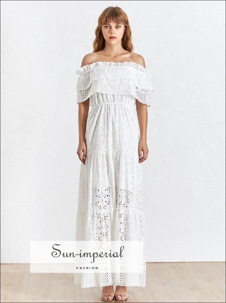 Margaret Dress- Vintage White Lace Vintage off the Shoulder Short Sleeve Ruffles Maxi Dress